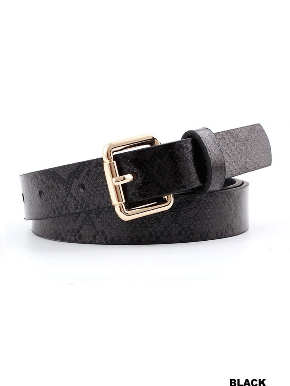 Zenana Outfitters Black Snake-Embossed Skinny Belt with Gold Buckle